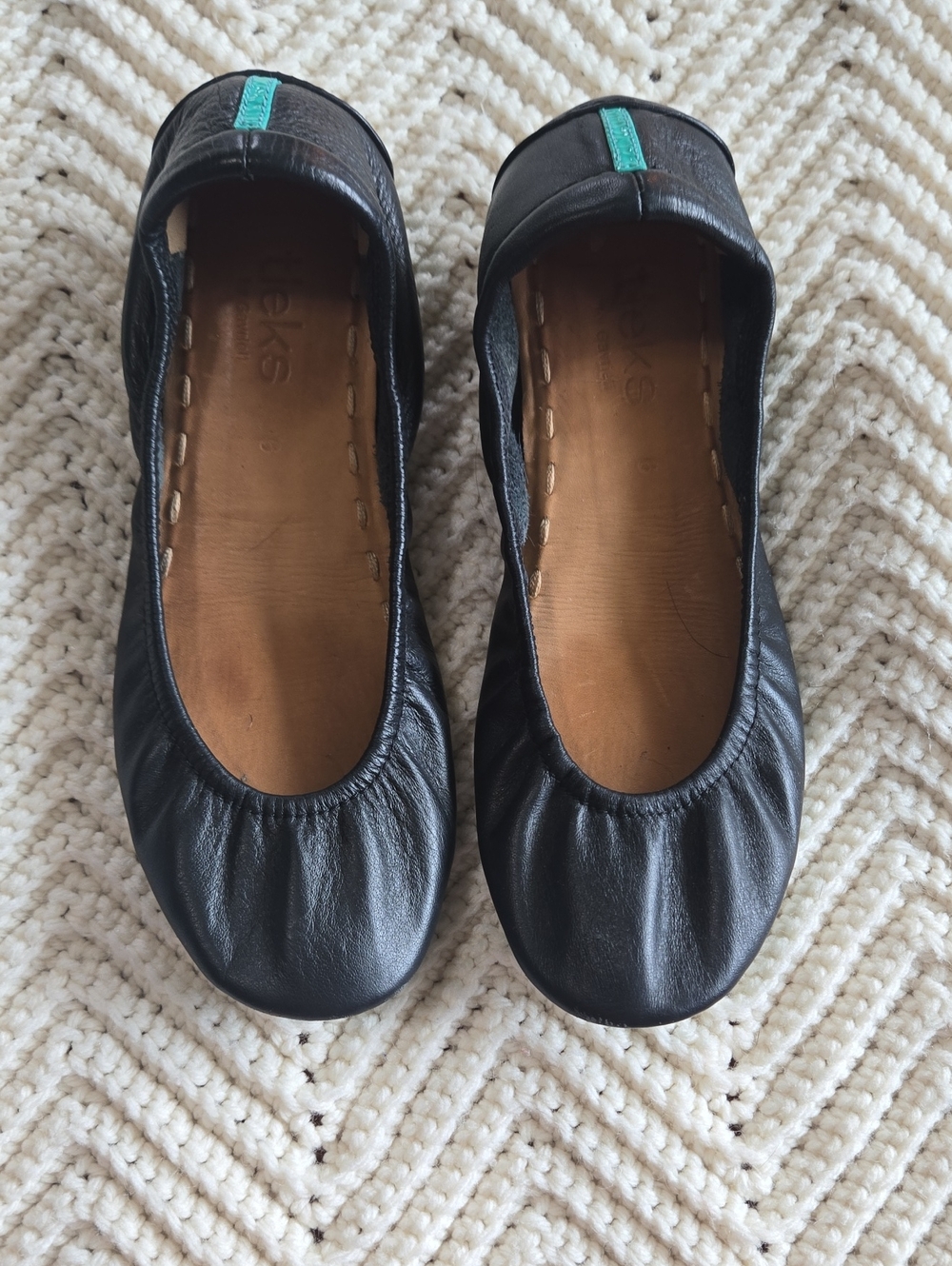 Tieks Matte Black Leather Ballet Flats with Teal Tab